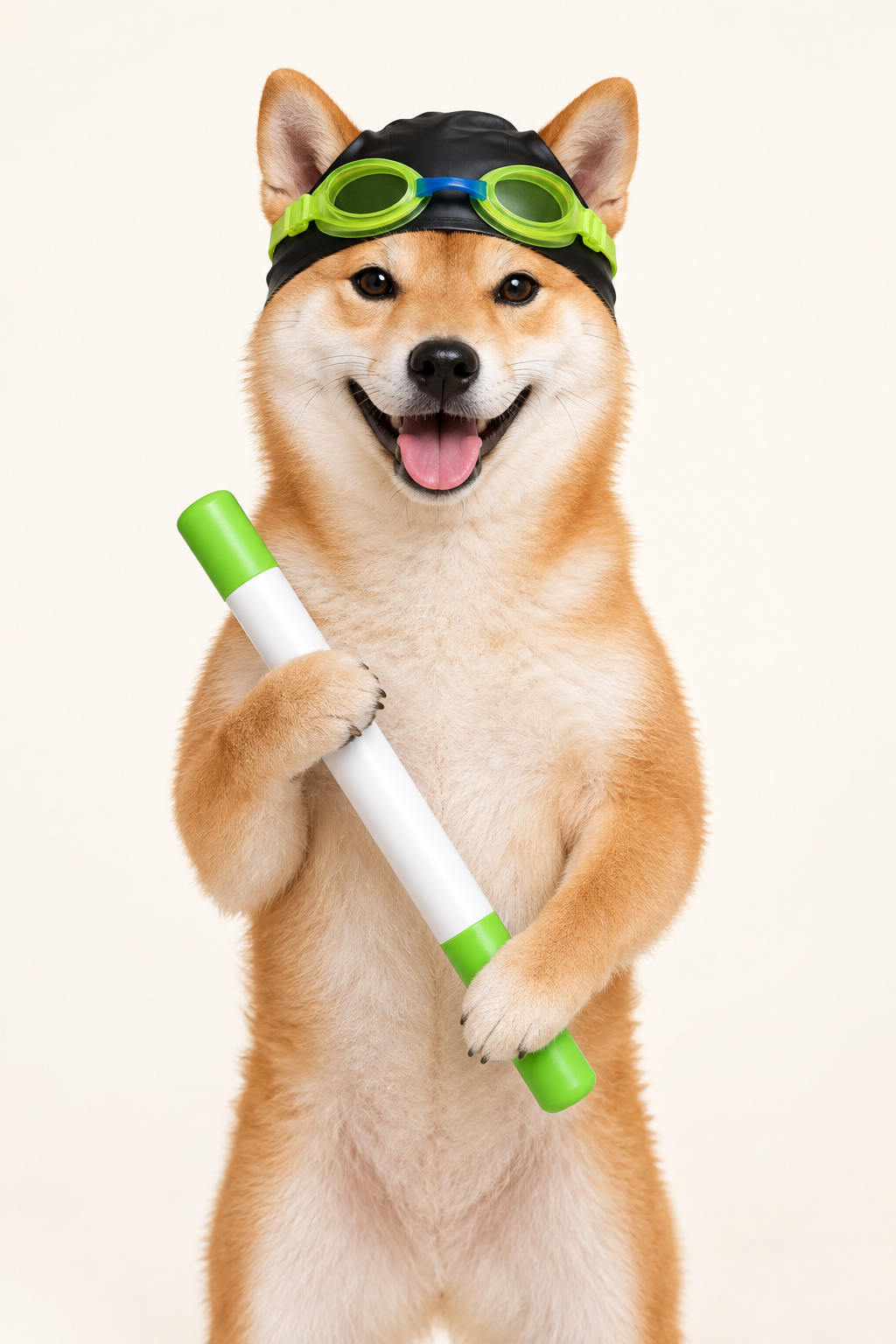 Shiba Inu swim coach holding a green-and-white baton